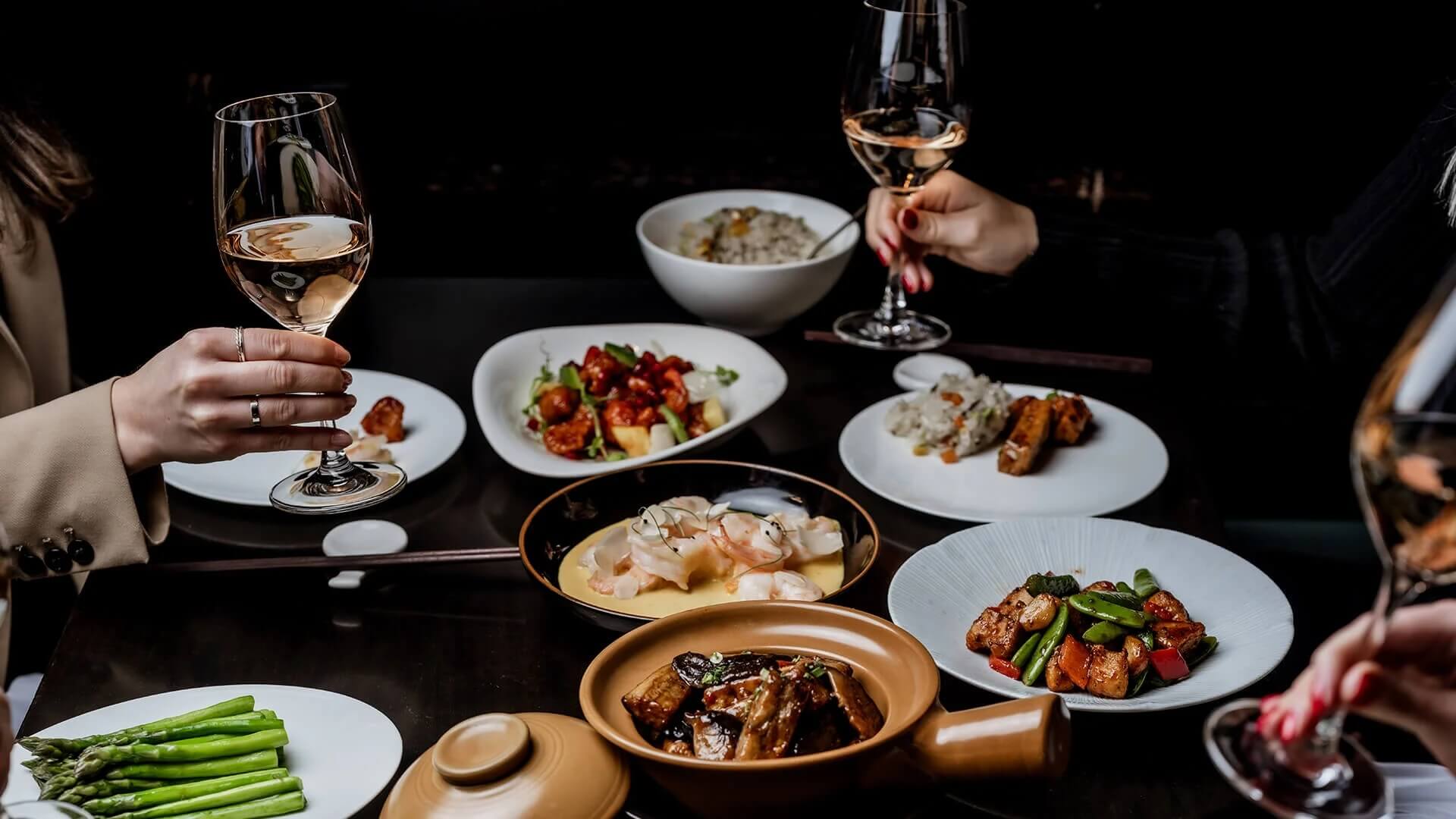 Various dishes with wine pairing